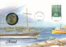 Finnország / Aland 1986. 20p Al-Br felbélyegzett borítékban, bélyegzéssel, német nyelvű leírással T:UNC Finland / Aland 1986. 20 Penniä Al-Br in envelope with stamp, cancellation and a prospectus in german C:UNC patina