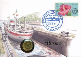 Panama 1996. 5c Cu-Ni felbélyegzett borítékban, bélyegzéssel, német nyelvű tájékoztatóval T:UNC patina Panama 1996. 5 Centesimos Cu-Ni in envelope with stamp, cancellation and a prospectus in german C:UNC patina