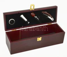 Bortartó doboz, fa, borszervírozó eszközökkel, gravírozott, kopással, 37x11x11 cm