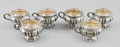 Ezüst(Ag) pohárkészlet, üvegbetéttel, 6 db, jelzett, d: 6 cm, nettó: 272,8 g