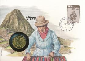 Peru 1988. 5I Cu-Ni érme felbélyegzett borítékban, bélyegzéssel, német nyelvű tájékoztatóval T:AU  Peru 1988. 5 Intis Cu-Ni coin in envelope with stamp, cancellation and a prospectus in german C:AU