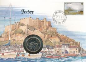 Jersey 1988. 10p Cu-Ni felbélyegzett borítékban, bélyegzéssel, német nyelvű leírással T:UNC Jersey 1988. 10 Pence Cu-Ni in envelope with stamp, with German description C:UNC