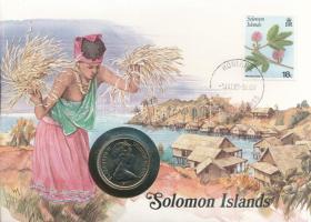 Salamon-szigetek 1977. 20c Cu-Ni II. Erzsébet felbélyegzett borítékban, bélyegzéssel, német nyelvű leírással T:UNC patina  Solomon Islands 1977. 20 Cents Cu-Ni Elizabeth II in envelope with stamp and cancellation, with German description C:UNC patina