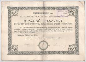 Budapest 1920. "Gép- és Vasutfelszerelési Gyár Részvénytársaság" 25 részvénye egyben, egyenként 200K-ról szárazpecséttel, szelvényekkel T:F