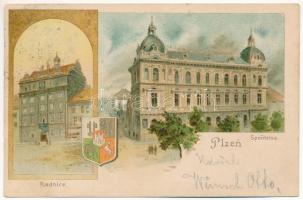 1900 Plzen, Pilsen; Sporitelna, Radnice / savings bank, town hall, coat of arm. Art Nouveau, litho (fl)