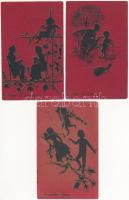 Ámor - 3 db régi hosszú címzéses pajkos sziluettes művész képeslap / Cupid - 3 pre-1900 silhouette art postcards