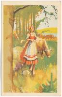 Lady with cows, Finnish folklore art postcard, artist signed