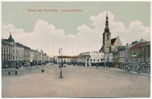 Prostejov, Prossnitz; Fran Josefs Platz, V. Vejman / square, shops, empty marketplace, photo. Verlag: J. Fuchs