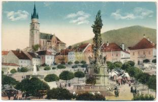 1928 Körmöcbánya, Kremnitz, Kremnica; Stefánikové Namestie Hauptplatz / Szentháromság szobor a térrel / square, statue, fountain, church. Julius Holzmann (EK)