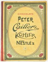 cca 1900 Chocolats Peter Cailler`s Kohler Nestlé`s csokoládégyárak és -márkák album, beragasztott gyűjtőképekkel, német és francia nyelven, kiadói félvászon kötésben, foltos gerinccel és borítóval, képek jelentős része hiányzik