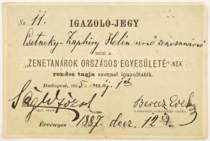 1887 csetneki Jelenik Zaphiry Helén (1860-1936) zongorista, Liszt Ferenc tanítványának igazoló jegye A zenetanárok Országos Egyesületébe.