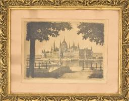 Olvashatatlan jelzéssel: Budapest rézkarc, papír. Jelzett. 17x22 cm Dekoratív üvegezett keretben