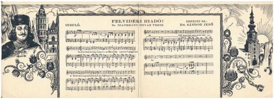 Felvidéki riadó! Rákóczi Ferenc induló kottával. 2-részes irredenta kihajtható képeslap. Magyar Nemzeti Szövetség kiadása / Upper Hungarian irredenta marching song with music sheet, 2-tiled folding card s: Zsolt (EK)