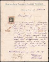 1910 Badacsony-Tomaji Keresztény Fogyasztási Szövetkezet, munkáltatói igazolás, szakadt