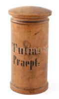 Régi gyógyszertári fa edény. Feliratos 18 cm