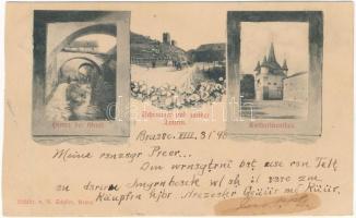 1898 (Vorläufer) Brassó, Kronstadt, Brasov; Hinter der Graft, Schwarzer und weisser Thurm, Katharinenthor / Árokmente, Fekete és fehér torony, Katalin kapu. A. Schäfer / towers, gate. Art Nouveau, floral (vágott / cut)