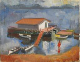 Jelzés nélkül: Dunapart. lakóhajóval XX. sz. közepe Olaj, vászon. 30x40 cm