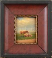 Perlmutter Imre (1870 k.-1935): Legelő tehenek. Olaj, fa, jelzett. Régi üvegezett fa keretben, 12x8 cm