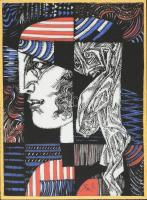 Szász Endre (1926-2003): Porcelán kép Női portré amerikai zászlós kendővel. Jelzett, sorszámozott (e...