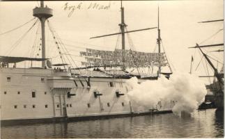 K.u.K. Kriegsmarine SMS Erzherzog Ferdinand Max / Cs. és kir. haditengerészet SMS Erzherzog Ferdinand Max páncélos csatahajója, ruhák száradnak a hajókötélen / Austro-Hungarian Navy ironclad battleship. photo