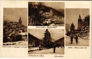 1935 Lillafüred, télen, Palota szálló a megfagyott vízeséssel, a függőkertekkel, síelők a szálló előtt, Lilla szálloda (Rb)