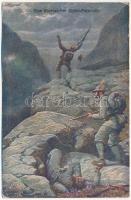 1915 Eine überraschte Alpini-Patrouille. Offizielle Karte für Rotes Kreuz, Kriegsfürsorgeamt Kriegshilfsbüro Nr. 189. / WWI Austro-Hungarian K.u.K. military art postcard s: C. Benesch + "Rekonvaleszentenheim Hirschstetten 1914-15 Militärpflege" (EK)