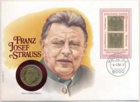 NSZK 1989D 2M aranyozott Cu-Ni "Franz Josef Strauss" érmés borítékon bélyegzős bélyeggel, német nyelvű leírással T:UNC  FRG 1989D 2 Mark gilt Cu-Ni "Franz Josef Strauss" in envelope with stamp, cancellation and a description in German C:UNC