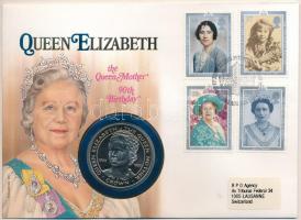 Gibraltár 1990. 1C Cu-Ni "Az Anyakirálynő születésének 90. évfordulója" forgalomba nem került emlékkiadás felbélyegzett borítékban, bélyegzéssel, német nyelvű leírással T:UNC Gibraltar 1990. 1 Crown Cu-Ni "90th Anniversary of the Birth of the Queen Mother" non-circulating commemorative coin in envelope with stamp, cancellation, and a description in german C:UNC Krause KM#46