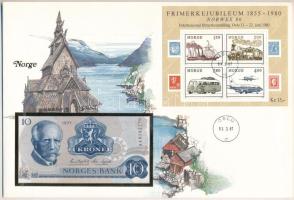 Norvégia 1977. 10K felbélyegzett borítékban, bélyegzéssel T:UNC  Norway 1977. 10 Kroner in envelope with stamp and cancellation C:UNC