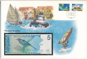 Holland-Antillák 1986. 5G borítékban, alkalmi bélyeggel és bélyegzéssel T:UNC  Netherlands Antilles 1986. 5 Gulden in envelope with stamps and cancellations C:UNC