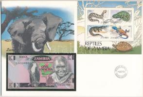 Zambia 1980-1988. 1K felbélyegzett borítékban, bélyegzéssel T:UNC Zambia 1980-1988. 1 Kwacha in envelope with stamp and cancellation C:UNC