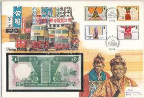 Hongkong 1986. 10D borítékban, alkalmi bélyeggel és bélyegzésekkel T:UNC Hong Kong 1986. 10 Dollars in envelope with stamps C:UNC