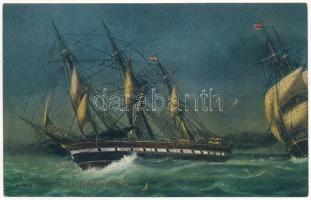 K.u.k. Kriegsmarine SMS Zrínyi und SMS Frundsberg Korvetten / SMS ZRÍNYI és FRUNDSBERG a cs. és kir. haditengerészet Zrínyi-osztályú korvettjei este / Austro-Hungarian Navy corvettes at night. C. Fano Pola No. 7.