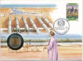 Türkmenisztán felbélyegzett borítékban, bélyegzéssel, német nyelvű tájékoztatóval, benne Oroszország 1992. 50R bimetál T:UNC  Turkmenistan in envelope with stamp, cancellation and a prospectus in german, in it Russia 1992. 50 Rubles bimetallic C:UNC