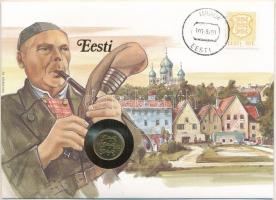 Észtország 1992. 50s Cu-Al-Ni felbélyegzett borítékban, bélyegzéssel, német nyelvű tájékoztatóval T:UNC  Estonia 1992. 50 Senti Cu-Al-Ni in envelope with stamp, cancellation and a prospectus in german C:UNC