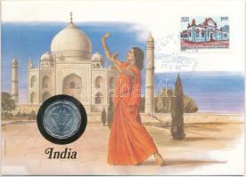 India 1974. 10p felbélyegzett borítékban, bélyegzéssel, német nyelvű leírással T:UNC  India 1974. 10 Paise in envelope with stamp and cancellation, with German description C:UNC