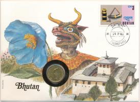 Bhután 1974. 20ch Cu-Al-Ni Étel mindenkinek forgalmi emlékérme felbélyegzett borítékban, bélyegzéssel, német nyelvű tájékoztatóval T:AU  Bhutan 1974. 20 Chetrums Cu-Al-Ni Food for All circulating commemorative coin in envelope with stamp, cancellation and a prospectus in german C:AU