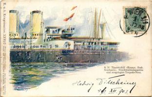 1903 K.u.K. Kriegsmarine SMS Kronprinzessin Erzherzogin Stephanie, Geschützthurmparthie und ausgelegtes Torpedo-Netz (later SMS Ersatz Gamma). Wiener Künstler-Postkarte K.u.k. Kriegsmarine XXVI/7. Philipp & Kramer s: Kircher (fl)