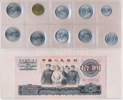 Kína 1965. 10Y "IV I 055766618" + 1983-1995. 1f-1Y (10db, 8xklf érme) T:F szép papír, UNC-XF China 1965. 10 Yuan "IV I 055766618" + 1983-1995. 1 Fen - 1 Yuan (10pcs, 8xdiff coins) C:F fine paper, UNC-XF