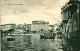 Pola, SMS Bellona az Osztrák-Magyar Haditengerészet uszály laktanyája a kikötőben, Miramar szálloda / K.u.K. Kriegsmarine Wohnschiff / Austro-Hungarian Navy Barracks ship for mariners, Hotel Miramar. G. Costalunga 1909. (Rb)