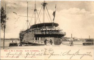 1905 Pola, SMS Bellona az Osztrák-Magyar Haditengerészet uszály laktanyája a matrózoknak a kikötőben (ex SMS Kaiser) / K.u.K. Kriegsmarine Wohnschiff, Blick Oliveninsel. Phot. Alois Beer / Austro-Hungarian Barracks ship for mariners, port (ázott / wet damage)