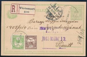 1915 Ajánlott díjkiegészített díjjegyes levelezőlap / Registered PS-card with additional franking "VÖRÖSMART" - Pécs