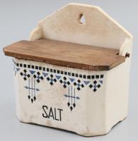 Antik fali keménycserép sótartó, jelzés nélkül, repedezett mázzal, kopással, 17x17x10 cm