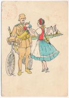 1943 Bevonulás. Kiadja a Délvidéki Egyetemi és Főiskolai Hallgatók Egyesülete / WWII Hungarian military art postcard, entry of the Hungarian troops, folk customes, irredenta propaganda + tábori posta (gyűrődések / creases)