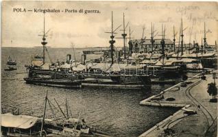 Pola, K.u.k. Kriegsmarine Kriegshafen: SMS Custoza, Zenta, Aspern, Szigetvár, Lacroma. G. Fano Pola 1908. (Rb)