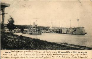 Pola, K.u.k. Kriegsmarine Kriegshafen / SMS Erzherzog Albrecht osztrák-magyar páncélos csatahajó és SMS Radetzky a kikötőben / Austro-Hungarian Navy port: SMS Erzherzog Albrecht ironclad warship and SMS Radetzky. Dep. A. Bonetti (EK)