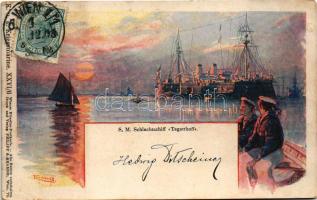 1903 SMS TEGETTHOFF az Osztrák-Magyar Haditengerészet Tegetthoff-osztályú csatahajója / SMS Tegetthoff, Austro-Hungarian Navy Tegetthoff-class battleship. Wiener Künstler-Postkarte K.u.k. Kriegsmarine XXVI/6. Philipp & Kramer s: Kircher - TCV (EK)