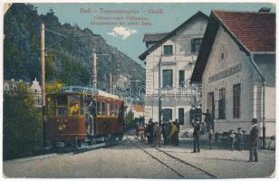 1918 Trencsénteplic-fürdő, Kúpele Trencianske Teplice; villamos vasút fő állomása, villamos, Wertheim Zsigmond kiadása / Haupstation der elektrische Bahn / tramways, tram main station (EK)