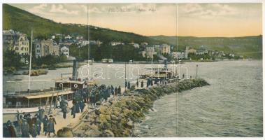 1907 Abbazia, Opatija; Hafen / Molo - 3-tiled folding panoramacard / Kikötő, Volosca gőzös. 3-részes kinyitható panorámalap (fl)