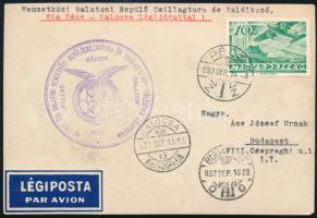 1937 Nemzetközi Balaton repülő csillagtúra fotólap a magyar csapattal, rajta Kalocsa-Pécs légijárat ...